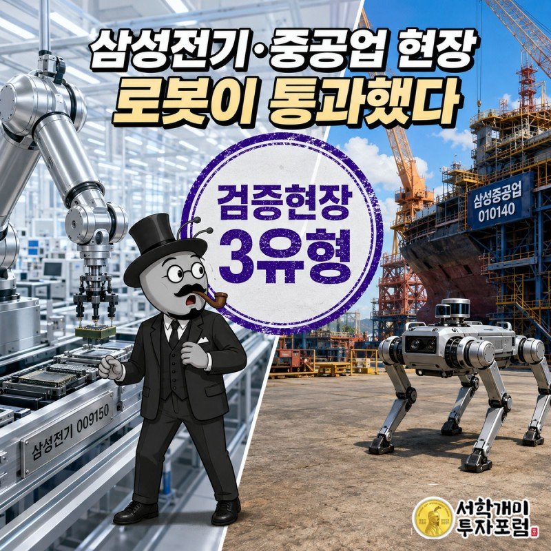 실내 제조라인의 로봇팔과 야외 조선소의 필드로봇 사이에 선 개미 캐릭터가 놀란 표정으로 검증현장 3유형이라 적힌 배지를 바라보는 표지 그림