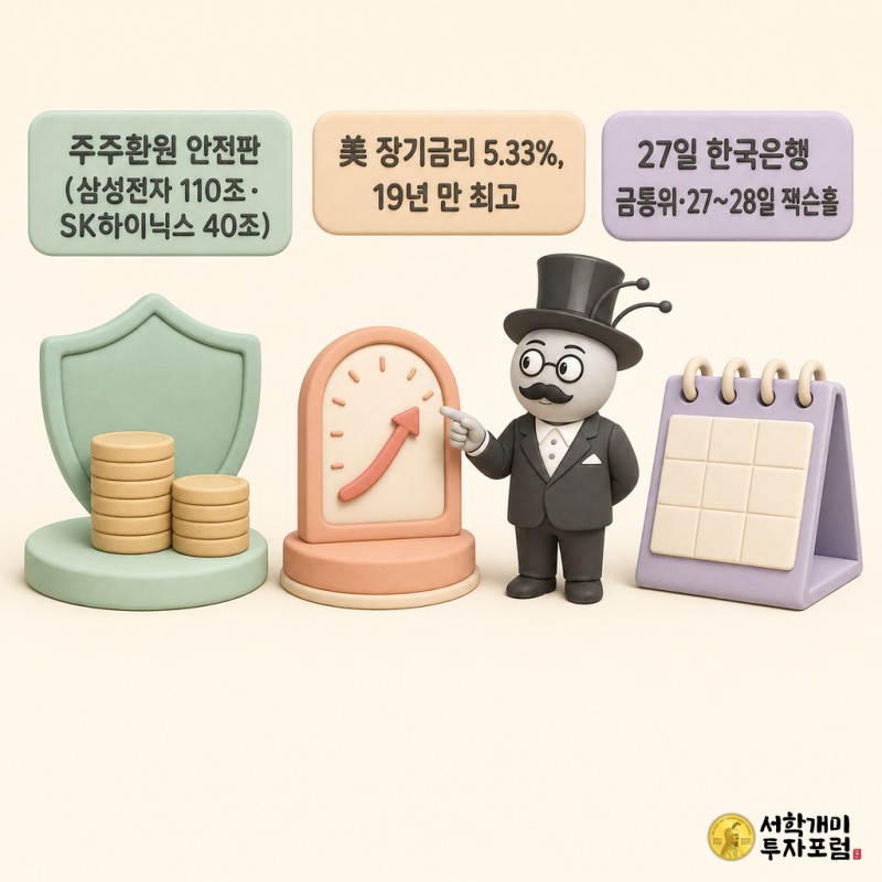 채도를 낮춘 파스텔 클레이 미니어처 세 개가 나란히 놓여 각각 주주환원 안전판, 미국 장기금리 5.33% 리스크, 27~28일 한국은행 금통위·잭슨홀 일정을 보여주고 개미 피규어가 그 사이에서 가리키는 소프트 클레이 3D 이미지