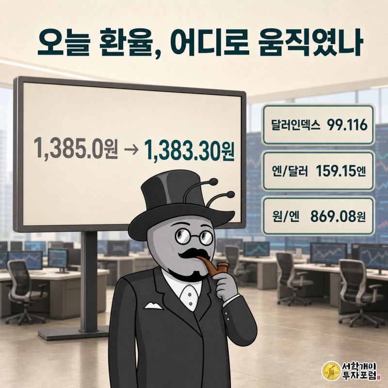 개미가 전광판 앞에서 원/달러 환율이 1,385.0원에서 1,383.30원으로 내려온 것과 달러인덱스, 엔/달러, 원/엔 재정환율 수치를 확인하는 일러스트