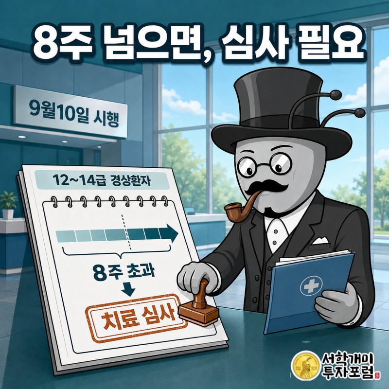 양반개미가 보험사 창구에서 8주 초과 치료 서류에 심사 필요 도장을 찍는 모습