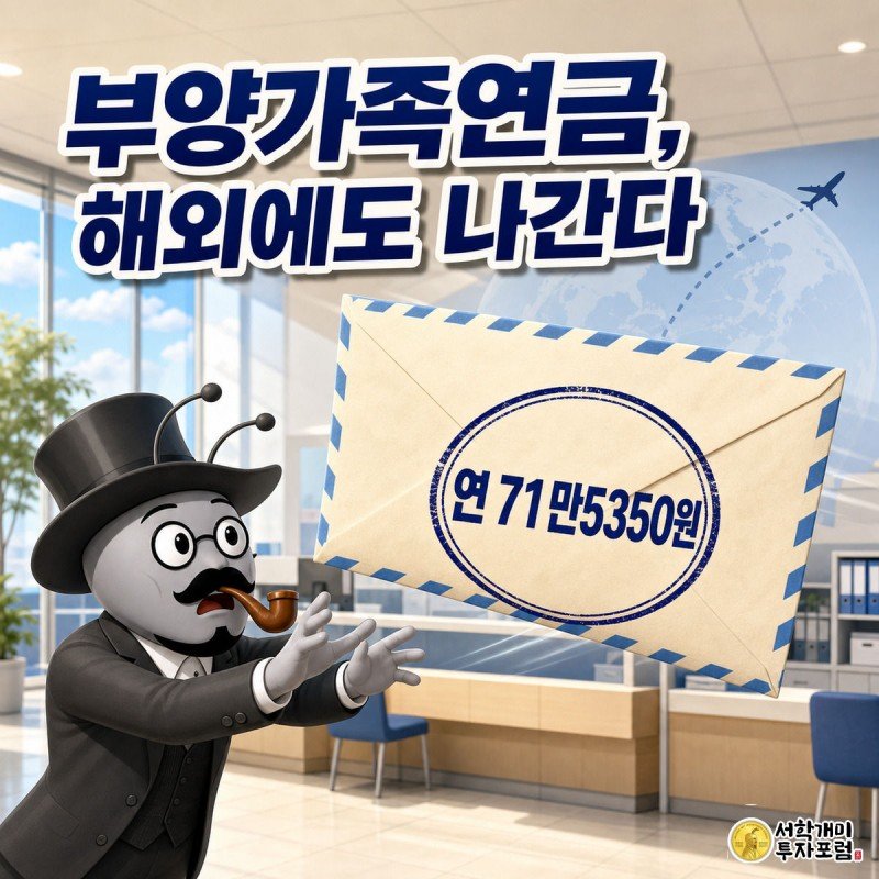 크림색 항공우편 봉투에 71만5350원 도장이 찍힌 채 지구본 너머로 날아가고, 개미가 놀란 표정으로 손을 뻗는 모습
