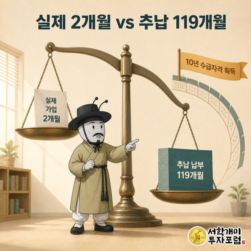 저울 한쪽엔 실제 가입 2개월 서류 한 장, 다른 쪽엔 추납 119개월 서류더미가 무겁게 가라앉아 있고 개미가 놀란 표정으로 저울을 가리키는 모습