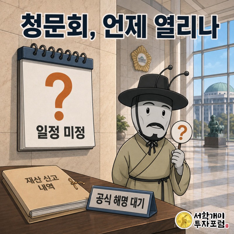 서민개미가 청문회 날짜 칸이 비어 있는 캘린더 앞에서 물음표 팻말을 들고 서 있다