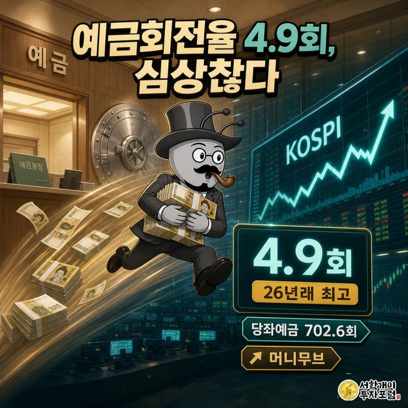은행 창구와 증권 거래소가 대각선으로 나뉜 화면에서 개미가 돈다발을 안고 예금 쪽에서 증시 쪽으로 뛰어넘으며 예금회전율 4.9회, 26년래 최고라는 문구가 강조된 이미지