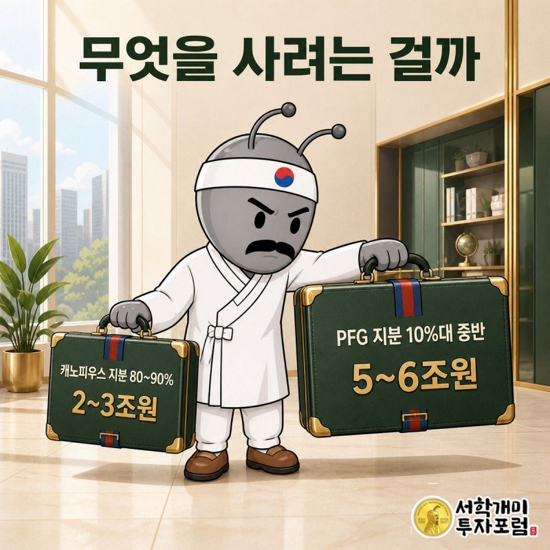 개미가 캐노피우스와 PFG 인수 서류가방을 양손에 들고 규모를 저울질하는 모습