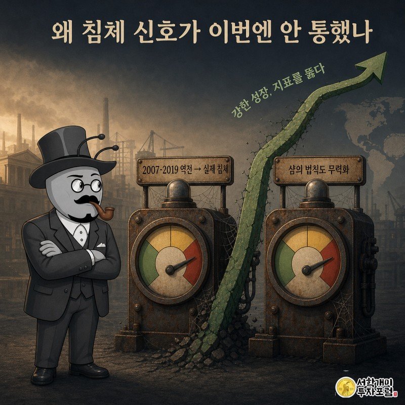 먼지 쌓인 채 꺼진 장단기 금리차·샴의 법칙 경고 신호등 두 개 앞에서 팔짱 끼고 의심하는 개미와 그 뒤로 솟아오르는 초록 성장 곡선을 그린 그림.
