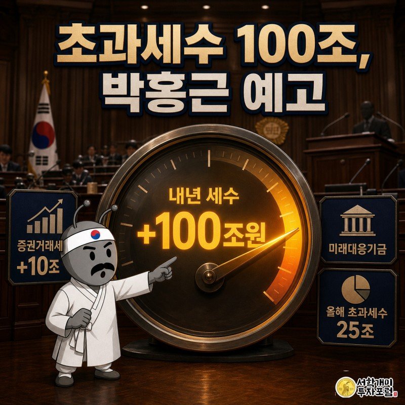 국회 예결위 회의장을 배경으로 개미가 100조 초과를 가리키는 호박색 게이지를 놀란 표정으로 가리키는 정보 일러스트 커버