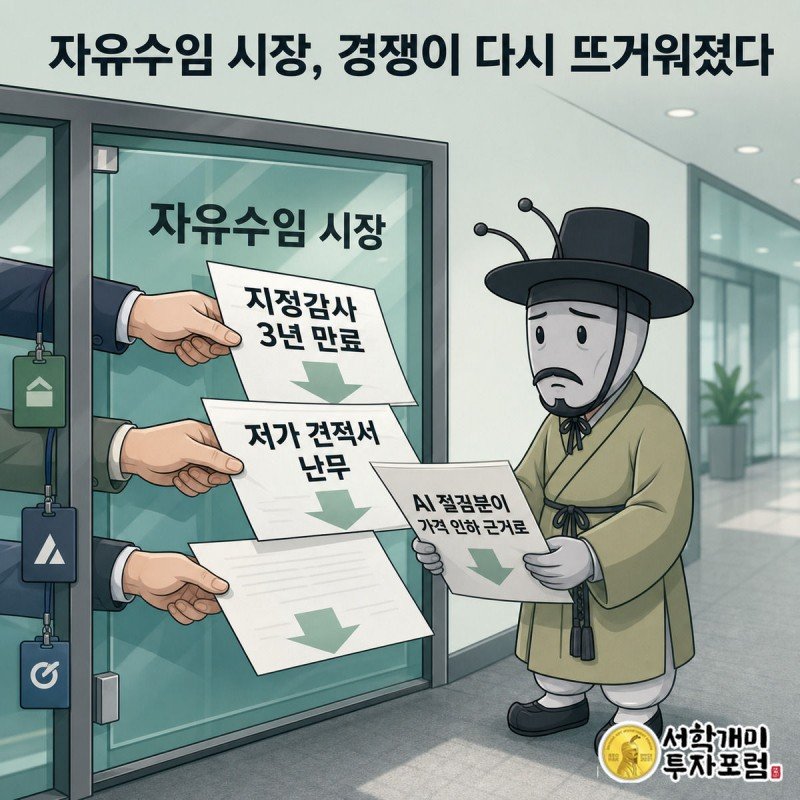 자유수임 시장 문 앞에서 여러 회계법인이 앞다퉈 낮은 견적서를 내밀고 부자개미가 그중 하나를 받아들고 당혹스러워하는 장면