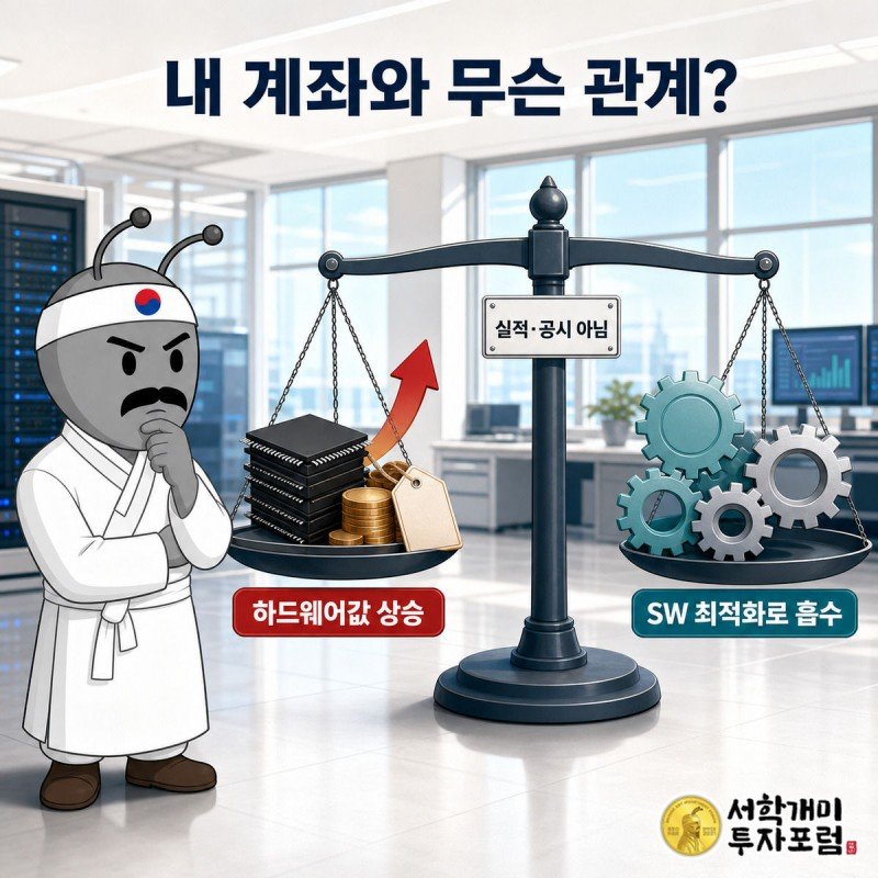 하드웨어 가격 상승과 소프트웨어 최적화를 저울에 올려 개미가 살피는 그림