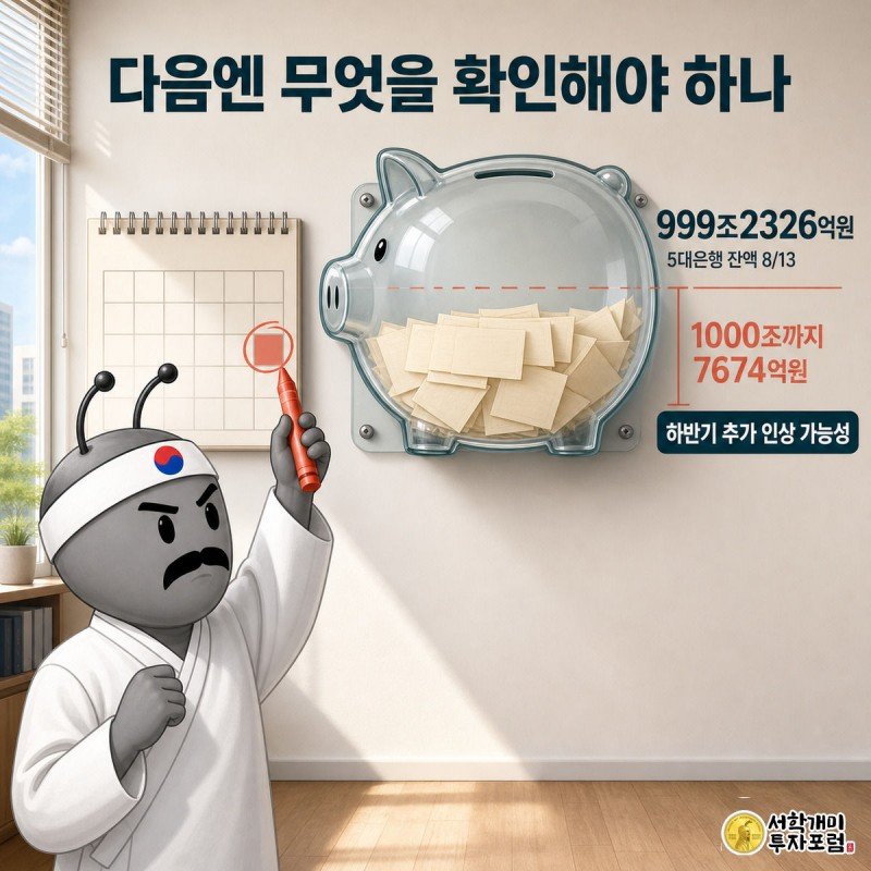 개미가 달력에 다음 금통위 날짜를 표시하는 동안 옆의 저금통 눈금이 1000조 직전에 멈춰 있는 장면