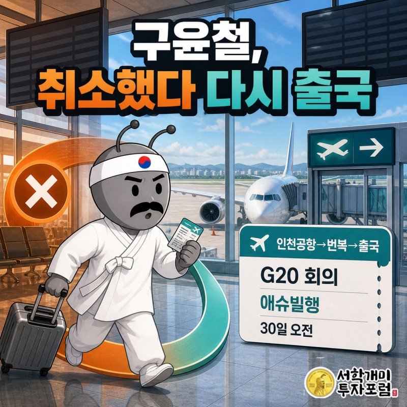 인천공항에서 개각 소식에 출국을 취소했다가 곧 번복해 보딩패스를 들고 탑승구로 향하는 부자개미를 좌우로 대비해 보여주는 그림