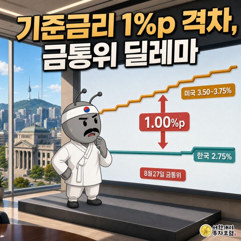 금통위를 앞두고 한미 금리 격차 1%포인트가 벌어진 화면을 올려다보며 당혹스러워하는 개미 그림