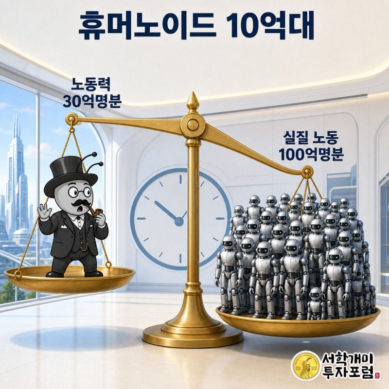 저울 한쪽의 서민개미와 다른 쪽의 휴머노이드 무리 사이에서 저울이 크게 기운 모습