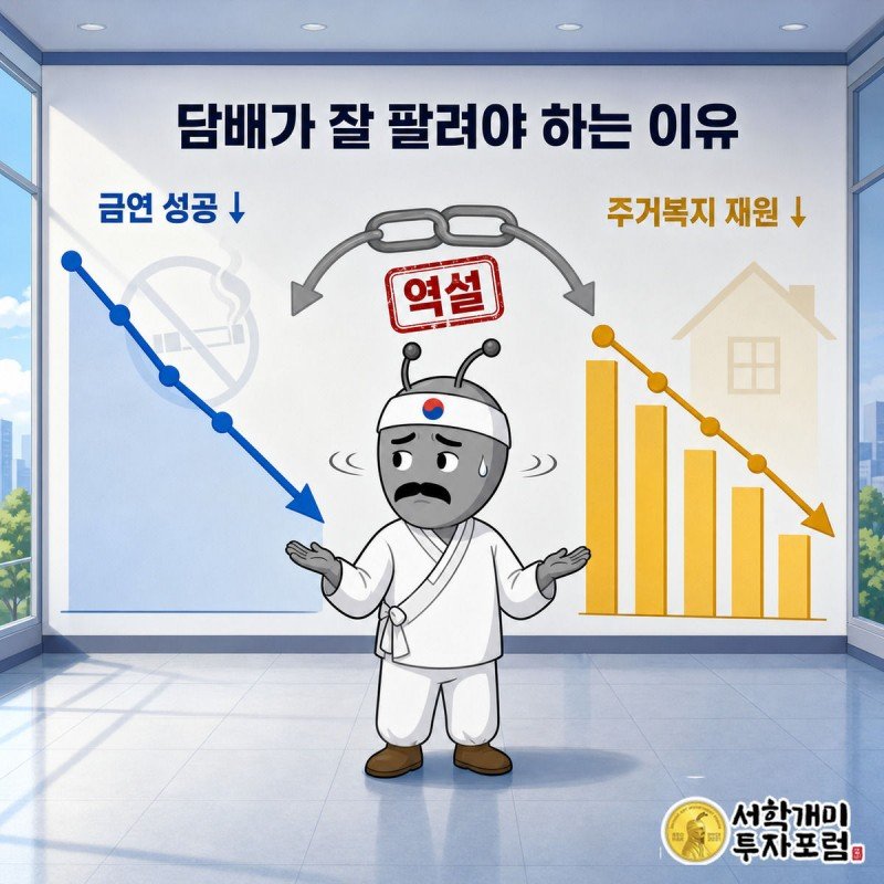 개미가 금연 성공 그래프와 주거복지 재원 그래프가 나란히 떨어지는 것을 보며 당혹스러워하는 장면