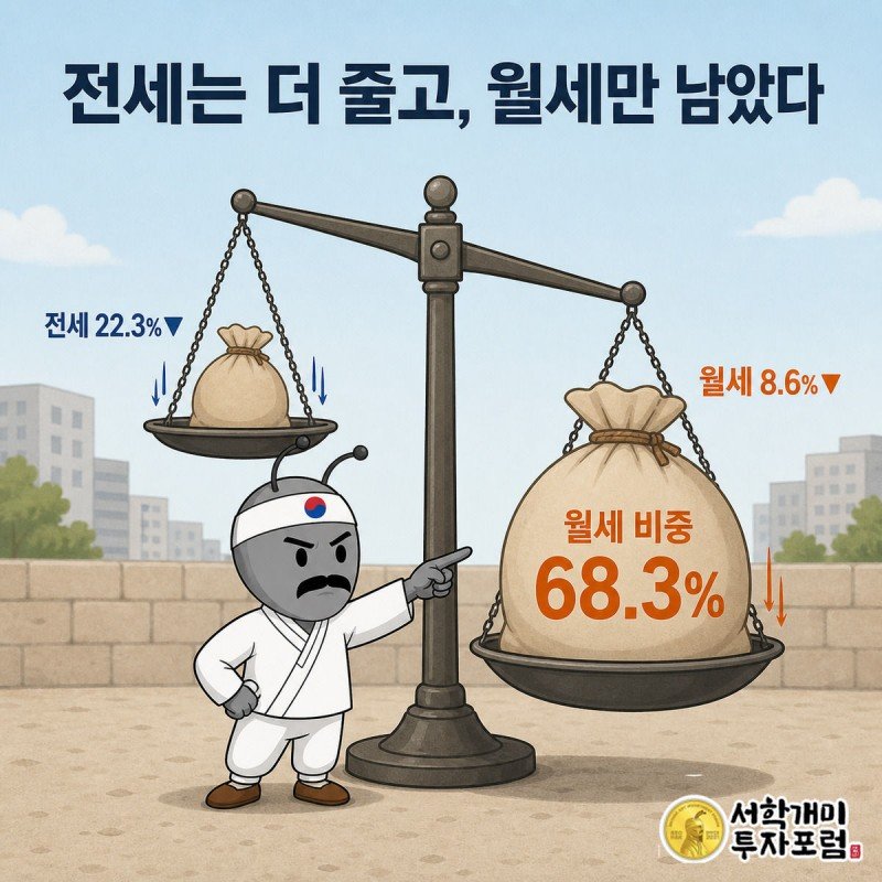전세와 월세 거래량이 함께 줄었지만 월세 비중은 늘어난 것을 저울 구도로 비교한 인포그래픽