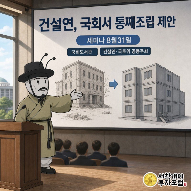 국회 세미나장 연단에서 개미가 스크린 속 모듈 건물 그림을 가리키며 발표하는 삽화