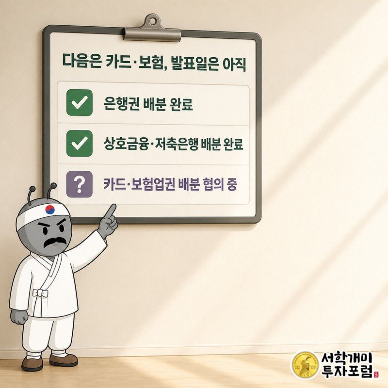체크리스트에서 은행권·상호금융권·저축은행권은 체크되고 카드·보험업권만 물음표로 남은 칸을 서민개미가 가리키는 그림