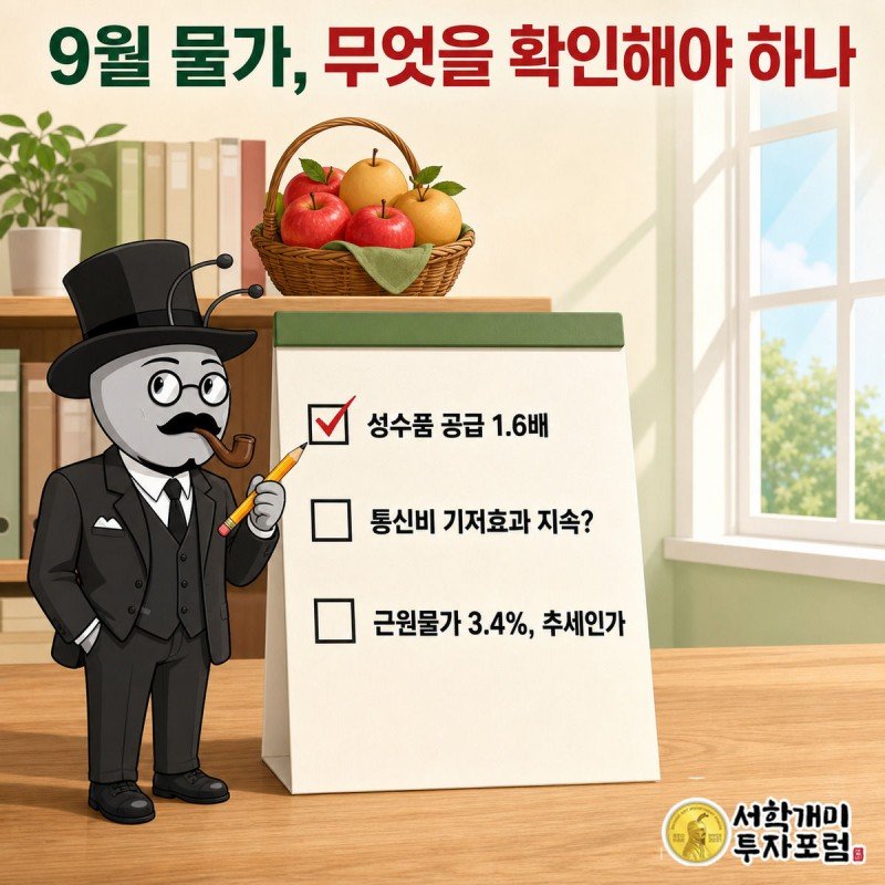 추석 성수품 바구니 옆에서 9월 달력 체크리스트에 표시하는 궁금한 표정의 서민개미