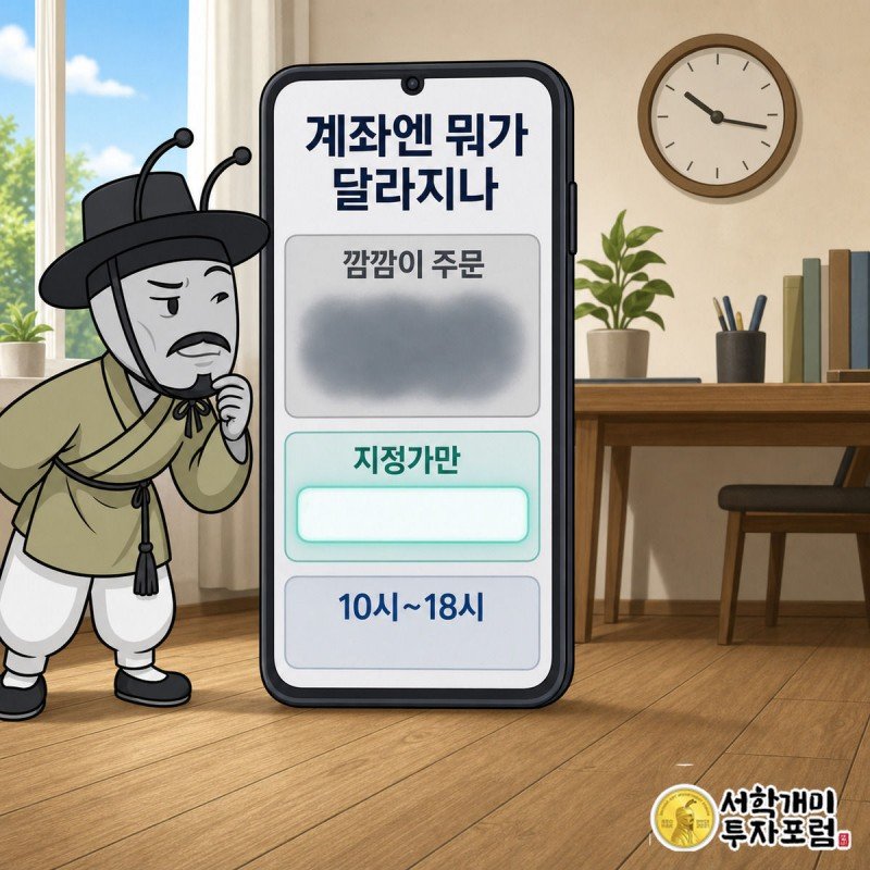현재가 칸이 안개로 가려지고 지정가 입력창만 밝게 빛나는 주문 화면을 부자개미가 의심스럽게 보는 그림
