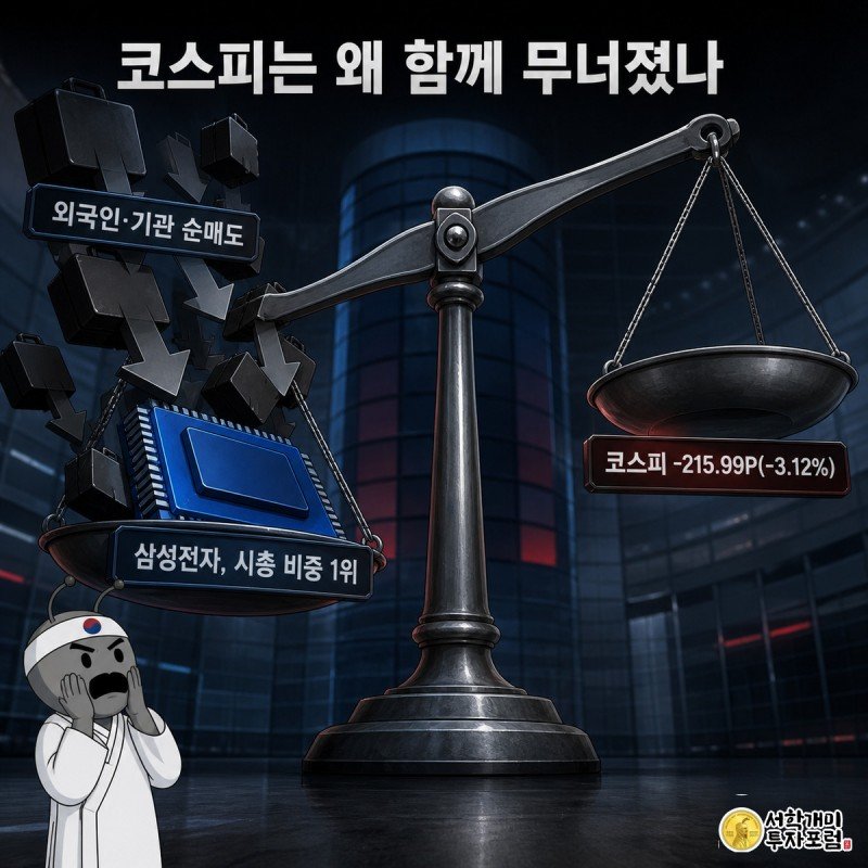 삼성전자 추에 눌려 기울어진 코스피 저울을 개미가 놀란 표정으로 올려다보는 장면