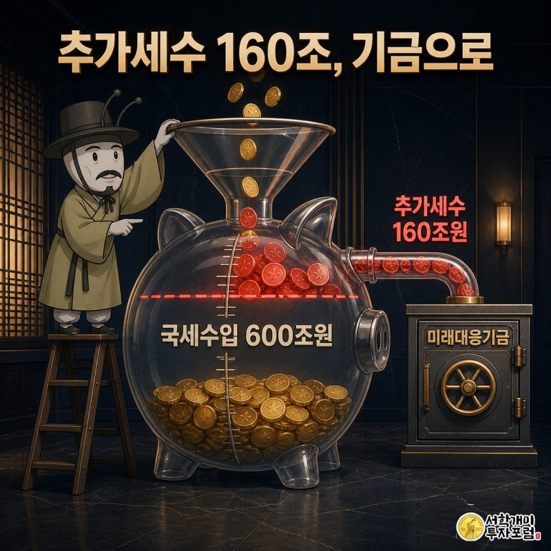 개미가 국세수입 저금통에 금화를 부어 추세선을 넘는 추가세수 160조원이 미래대응기금 금고로 흘러가는 장면