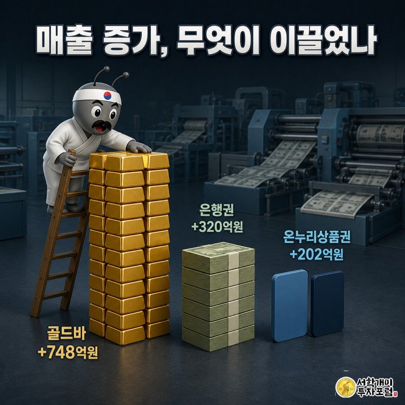 결산 장부 위에 골드바·은행권·온누리상품권 세 막대그래프가 서 있고 개미가 사다리에 올라 가장 높은 골드바 막대를 가리키고 있다
