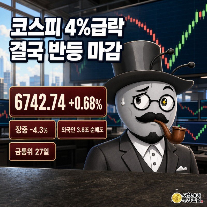 장중 4% 급락했다 반등한 코스피 전광판 앞에서 낭패와 안도가 한 얼굴에 겹친 개미 캐릭터