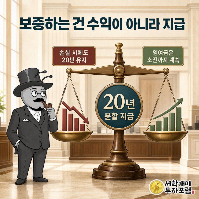 저울 양쪽에 하락장과 상승장을 얹고 가운데 20년 지급 보증 표시를 세운 그림
