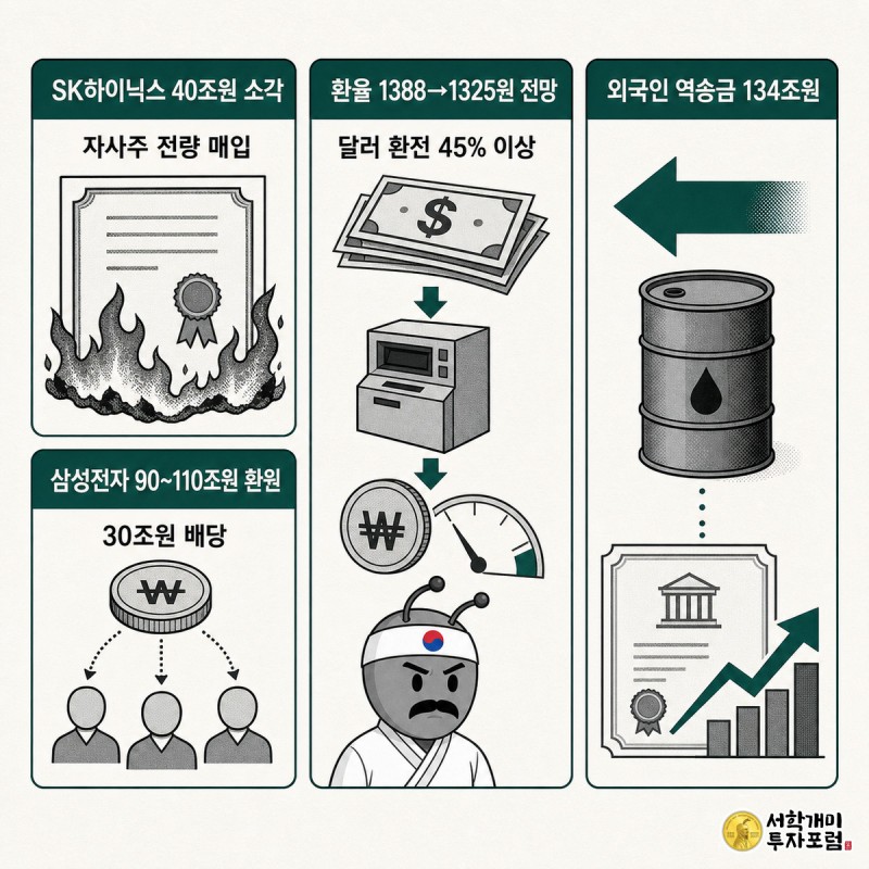 삼성전자·SK하이닉스의 주주환원 규모, 환율 하락 전망, 외국인 역송금 상쇄 요인을 세 컷으로 나눠 화살표로 연결한 정보 그래픽.