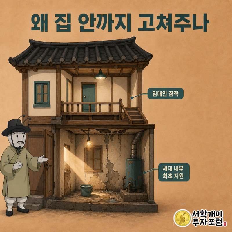 건물 단면도에서 기존 지원 범위였던 공용부분과 새로 지원이 확대된 세대 내부를 화살표로 연결해 보여주는 인포그래픽