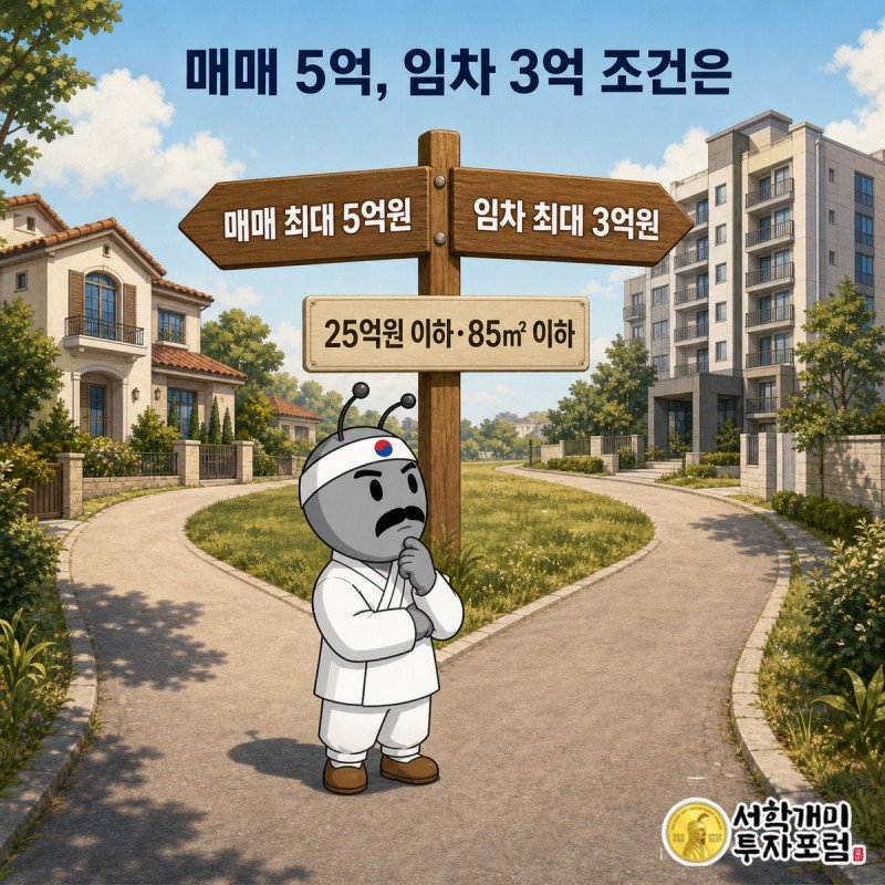 서민개미가 매매와 임차로 갈라지는 길 앞에서 각각 5억원, 3억원 대출 한도 팻말을 보며 고민하는 모습