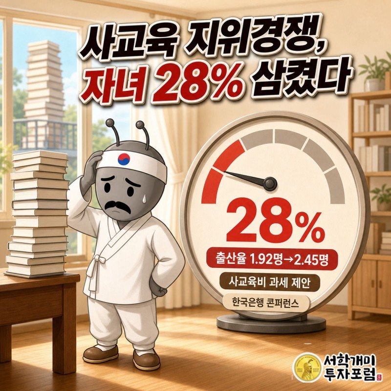 서민개미가 이웃집과 경쟁하듯 쌓인 책더미 앞에서 낭패한 표정을 짓고, 화면 중앙에 