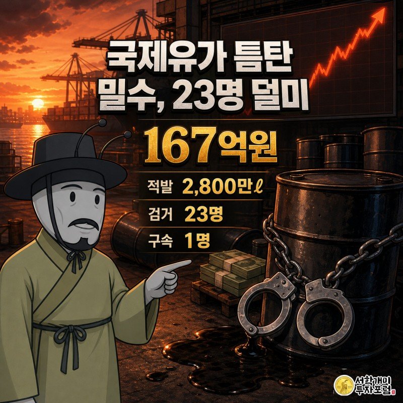 노을빛 부두에서 치솟는 유가 그래프를 배경으로 해경 개미가 밀수업자 개미에게 수갑을 채우는 장면