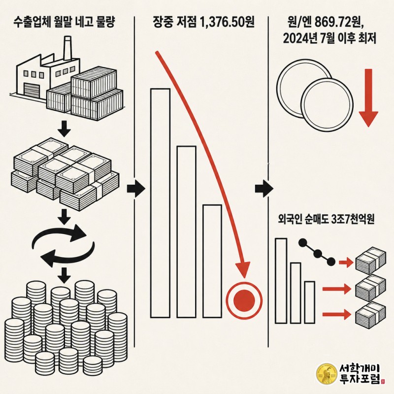 세 컷으로 나뉜 코믹 패널에서 수출업체의 달러 매도 물량이 원인으로, 그날 환율 하락 흐름과 원/엔 환율·외국인 순매도 지표가 결과로 이어지는 모습을 화살표로 연결해 보여준다.
