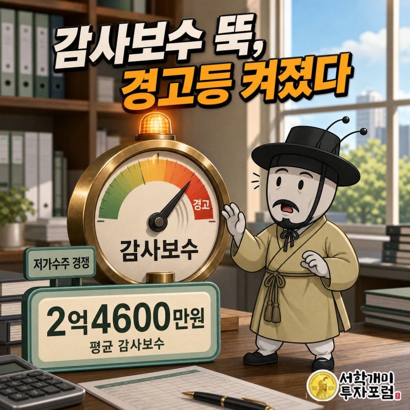 놋쇠 게이지의 바늘이 경고 구간으로 넘어가고 경고등이 켜진 옆에서 실크햇을 쓴 부자개미가 놀란 표정으로 안경을 들어올리며 감사보수 2억4600만원 숫자를 바라보는 장면
