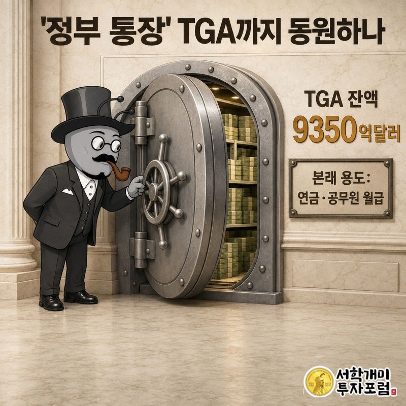 양반개미가 연금·월급용이라 적힌 팻말 옆 정부 통장 TGA 금고 문을 조심스레 여는 모습