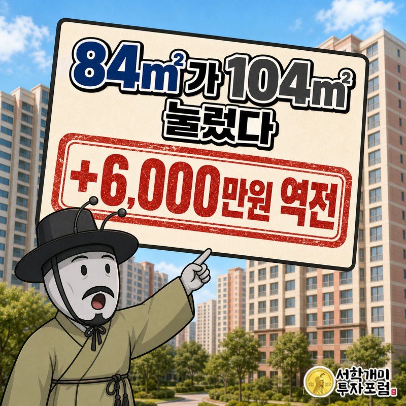 서민개미가 아파트 실거래가 시세판 앞에서 전용84제곱미터 도장이 전용104제곱미터 시세를 덮어누른 것을 보고 놀라는 모습