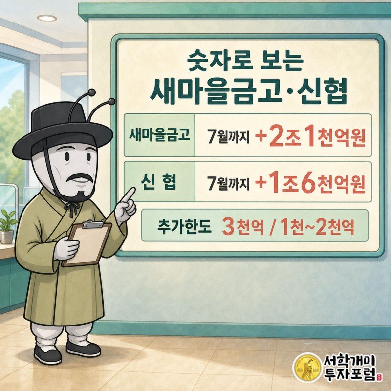 전광판에 뜬 새마을금고·신협의 대출 증가액과 추가 한도 숫자를 계산기로 확인하는 서민개미