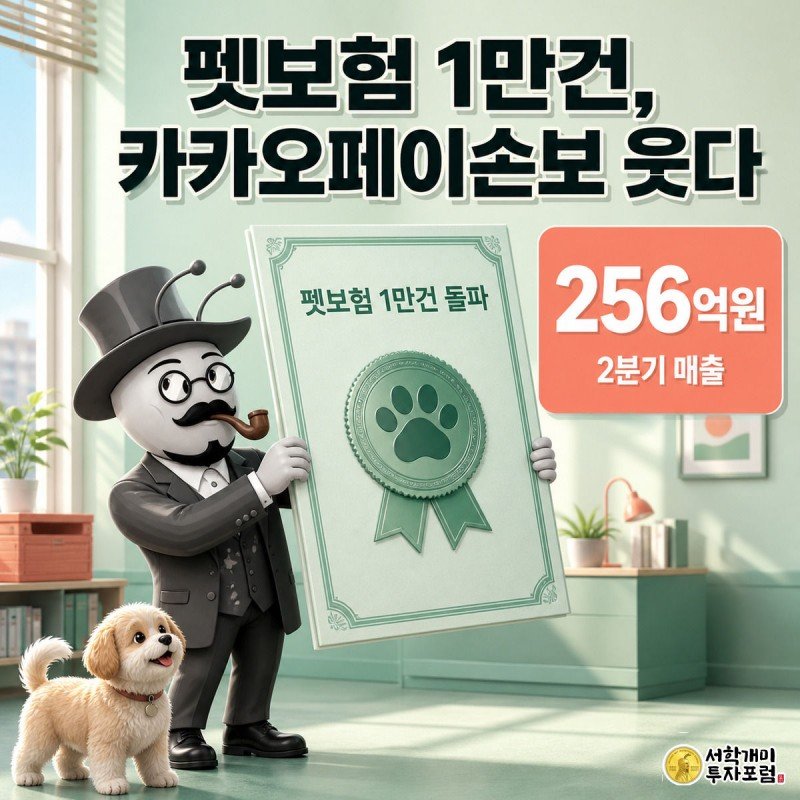 개미 캐릭터가 활짝 웃으며 펫보험 증서를 들어올리고 옆에 강아지가 함께 있는 카카오페이손보 2분기 실적 표지 이미지