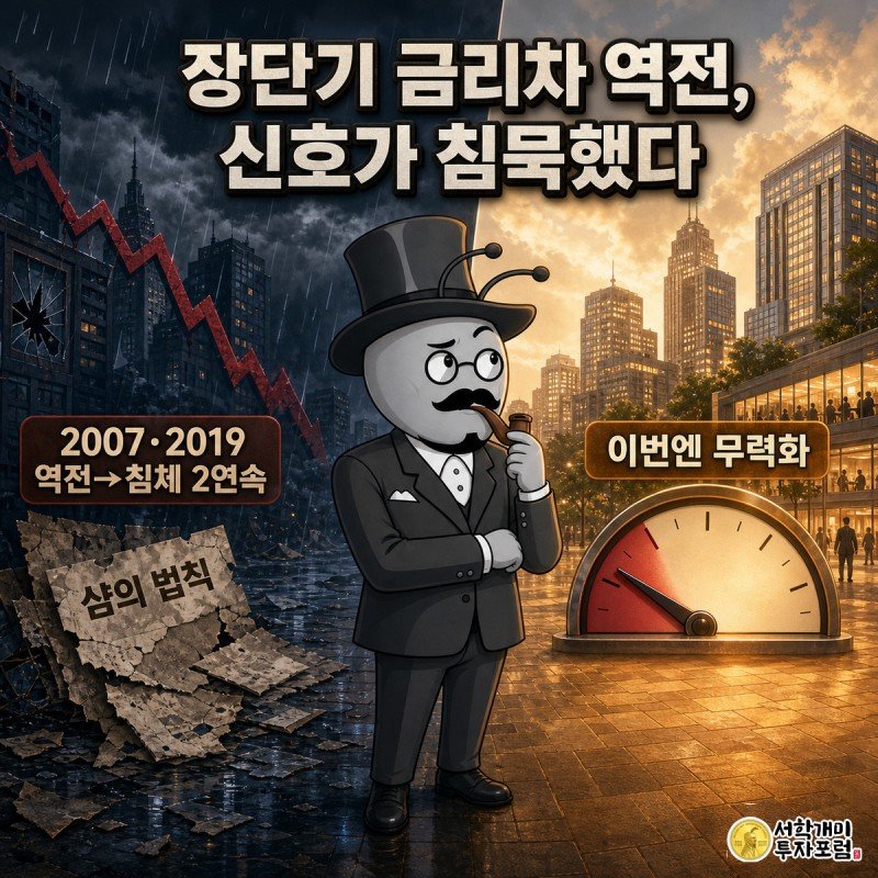 남색 폭풍 속에서 낭패한 개미와 앰버빛 성장 거리에서 의심하는 개미를 대각선으로 가른 그림, 상단에 장단기 금리차 역전 신호가 침묵했다는 문구와 2007·2019 역전 수치가 담겨 있다.