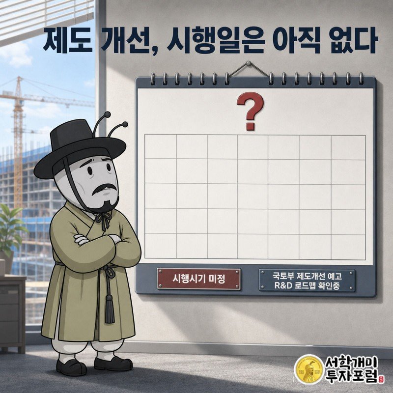 날짜 없는 빈 달력과 물음표를 개미가 신중한 표정으로 올려다보는 삽화