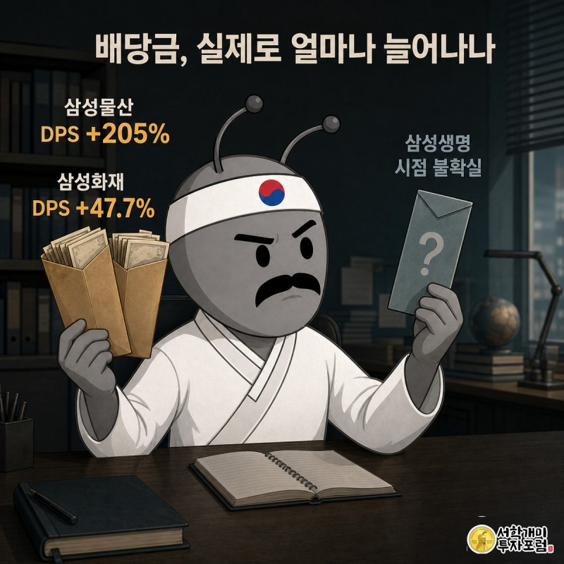 개미 캐릭터가 삼성물산과 삼성화재의 두툼해진 배당봉투와 삼성생명의 물음표 붙은 봉투를 비교하는 모습
