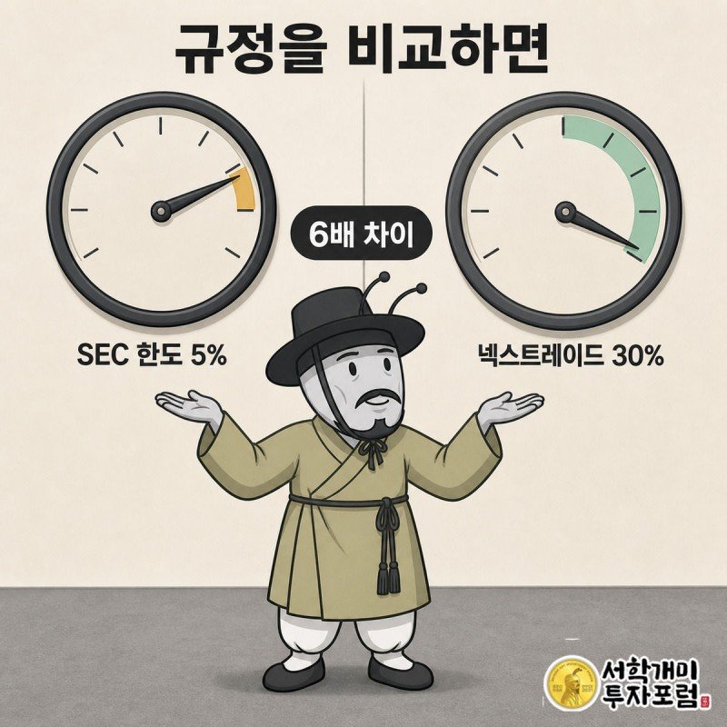 왼쪽 SEC 5% 게이지는 바늘이 위험구역을 넘고 오른쪽 넥스트레이드 30% 게이지는 여유로운 것을 부자개미가 번갈아 보는 그림