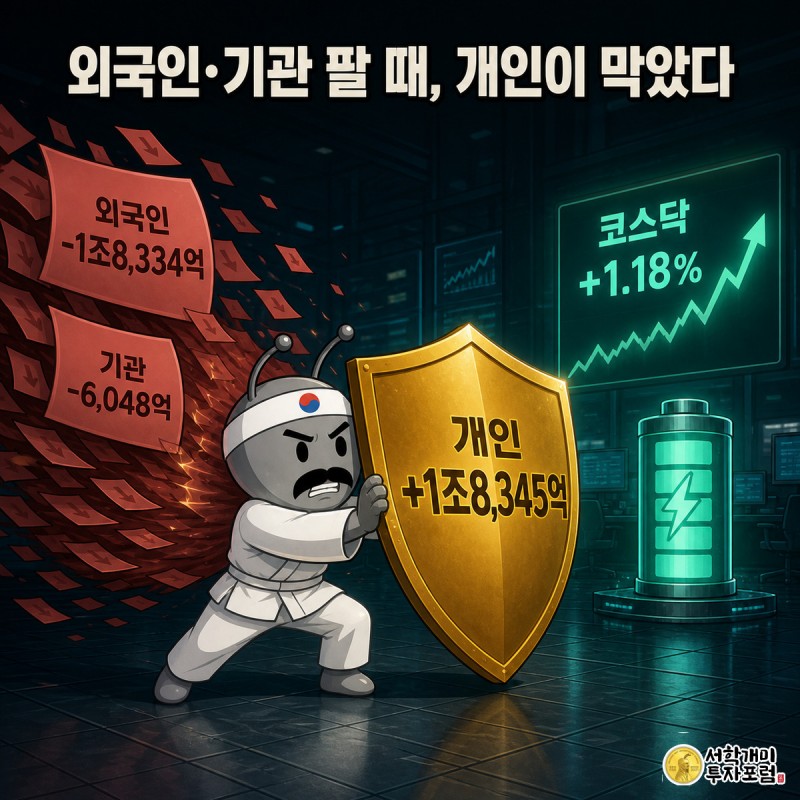 외국인과 기관 개미가 매도 전표를 쏟아내는 동안 개인 투자자 개미가 그 앞을 막아서고, 옆에서는 이차전지 담당 개미가 상승세에 미소 짓는 장면