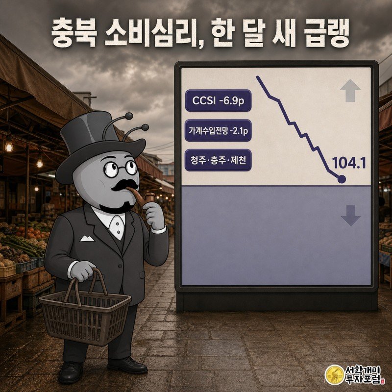 충북 재래시장 거리에서 장바구니를 든 개미가 104.1로 급락한 소비자심리지수 그래프를 놀란 표정으로 올려다보는 모습