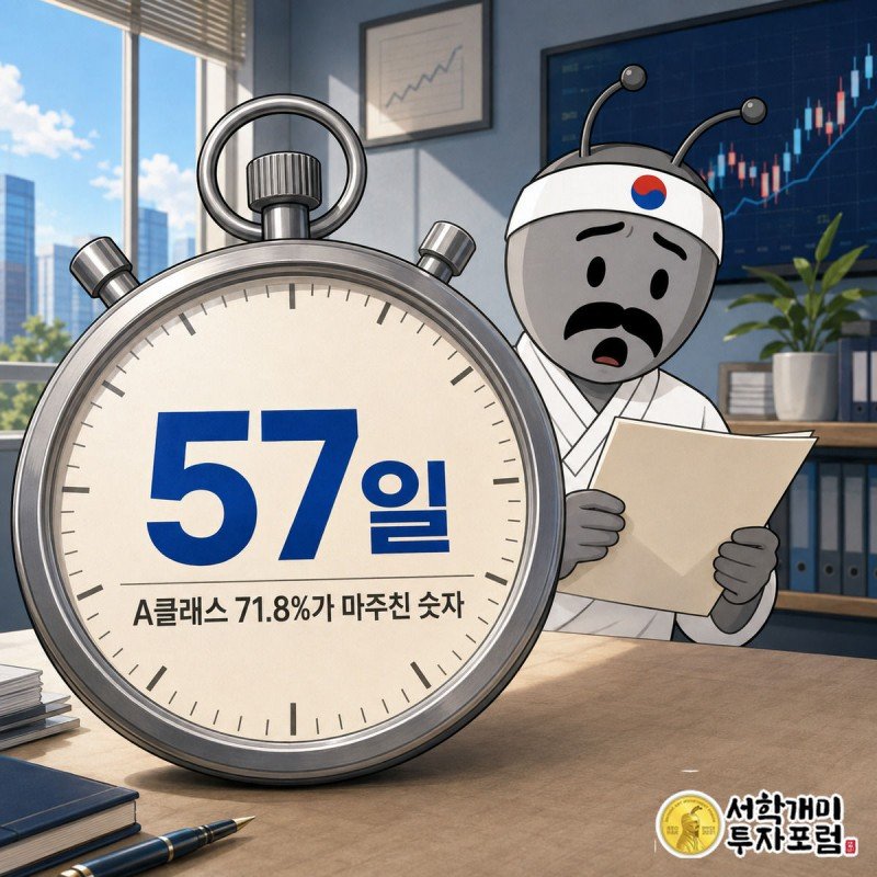 스톱워치 게이지 앞에서 서민개미가 놀란 표정으로 57일이라는 숫자를 바라보는 모습