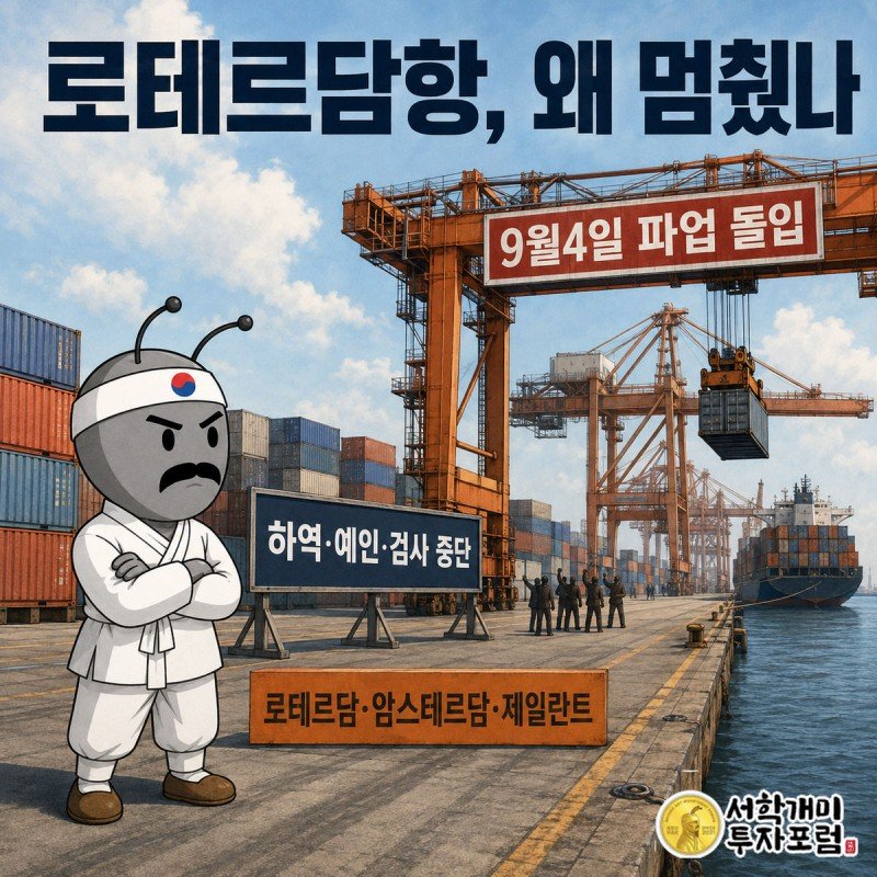 멈춰선 오렌지색 크레인과 쌓인 컨테이너가 있는 로테르담 항만에서 부자개미가 팔짱을 끼고 낭패한 표정으로 항만을 올려다본다