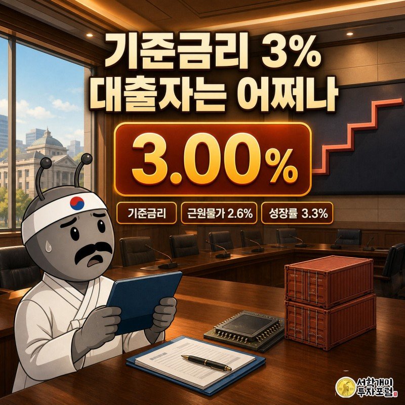 한국은행 회의실에서 은행원 개미가 두 달 연속 3%로 오른 기준금리 그래프를 식은땀을 흘리며 올려다보는 모습