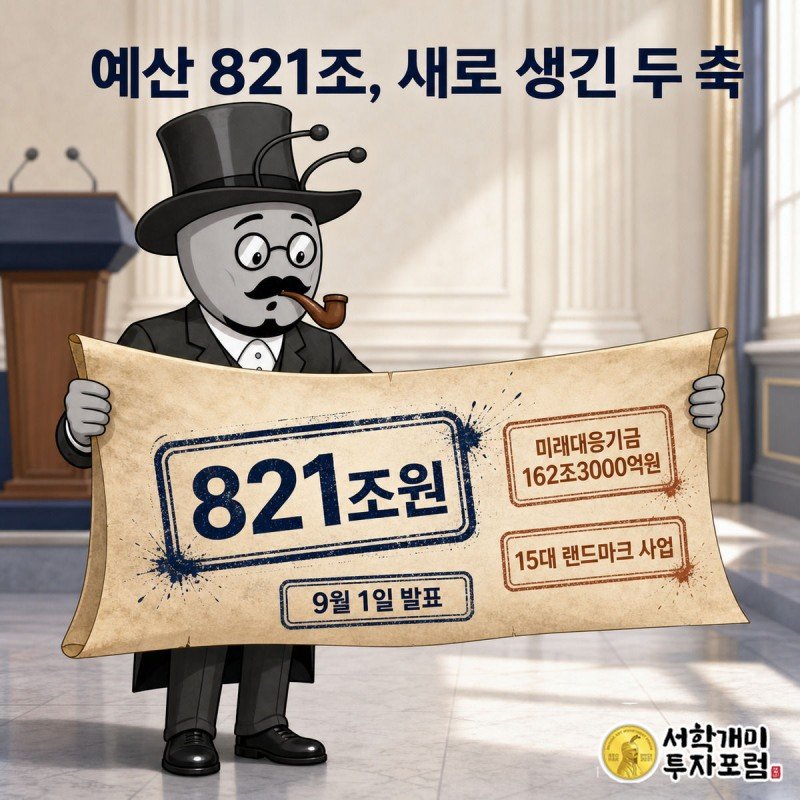 양반개미가 펼친 예산안 서류에 미래대응기금과 15대 랜드마크 도장이 찍히는 그림
