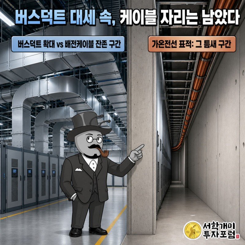부자개미가 버스덕트와 저마찰 케이블 구간을 비교하며 손가락으로 가리키는 모습